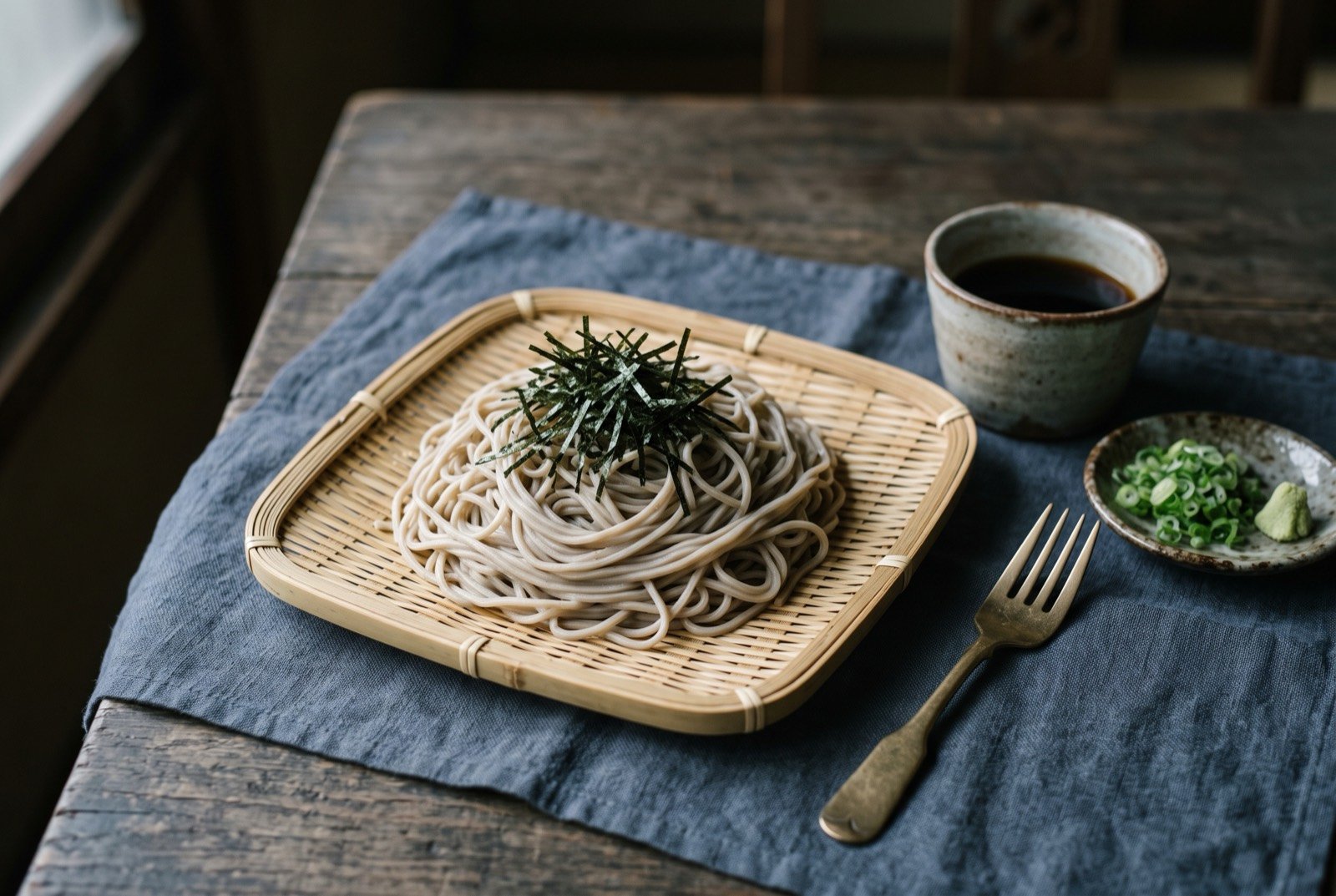 Zaru soba, chilled buckwheat noodles on a bamboo tray with a dark dipping sauce: a shallow square bamboo zaru tray holding a neat coiled mound of pale greyish-brown buckwheat noodles, a scattering of fine shredded dark green nori laid across the top.