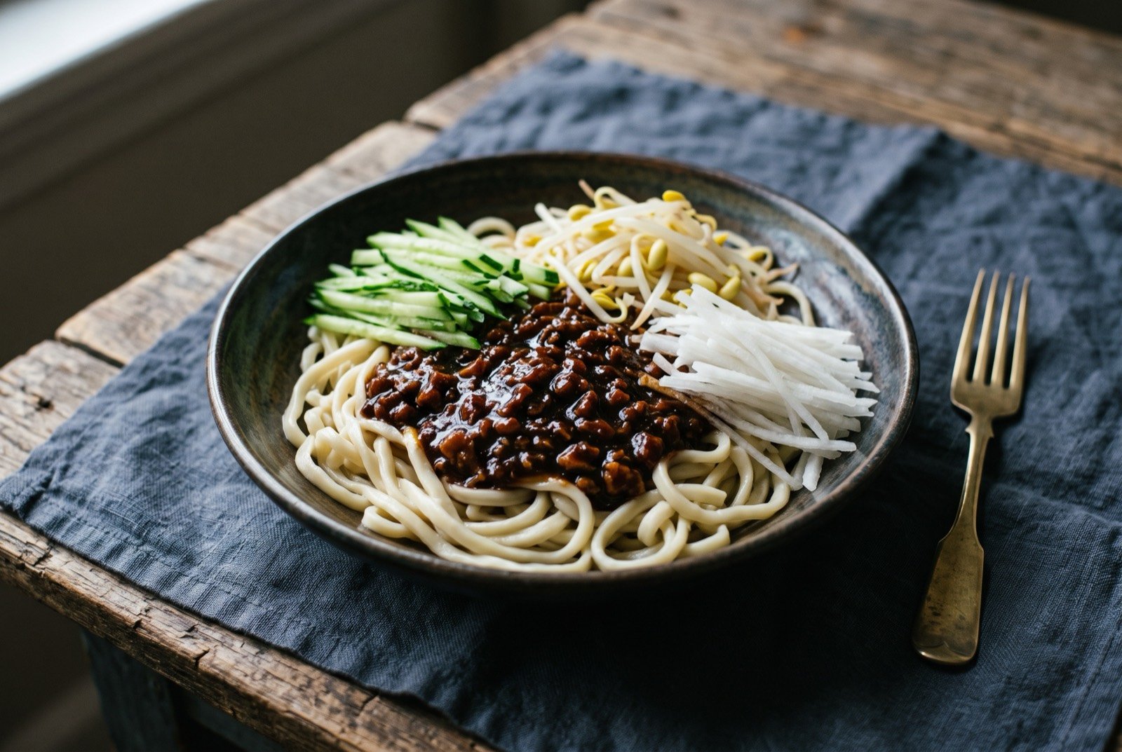 Zhajiangmian, fried soybean paste noodles: a mound of thick wheat noodles in a wide bowl topped with a dark, glossy pool of fried soybean and pork sauce, ringed by neat separate piles of raw and blanched garnish.