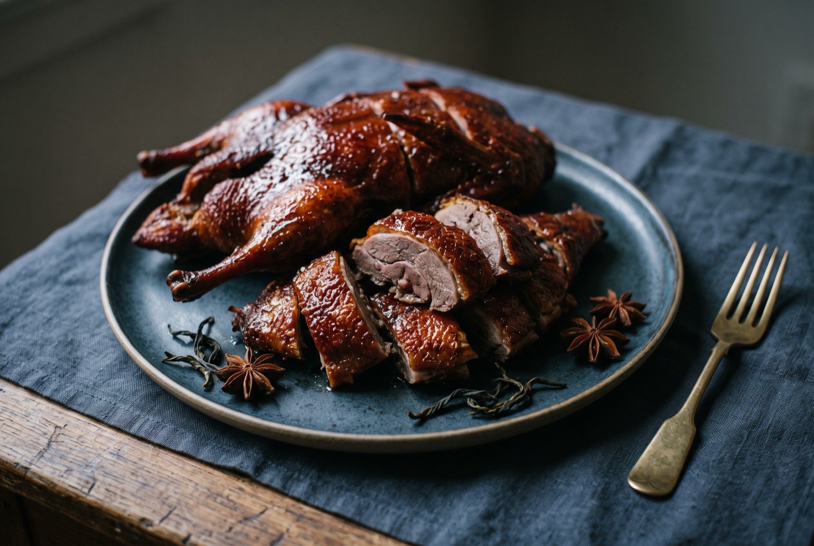 Zhangcha ya, tea and camphor smoked duck, deep-fried to crisp the skin: a whole jointed duck with deep jujube-red, glossy, crisp lacquered skin, carved into pieces and arranged on a dark plate.