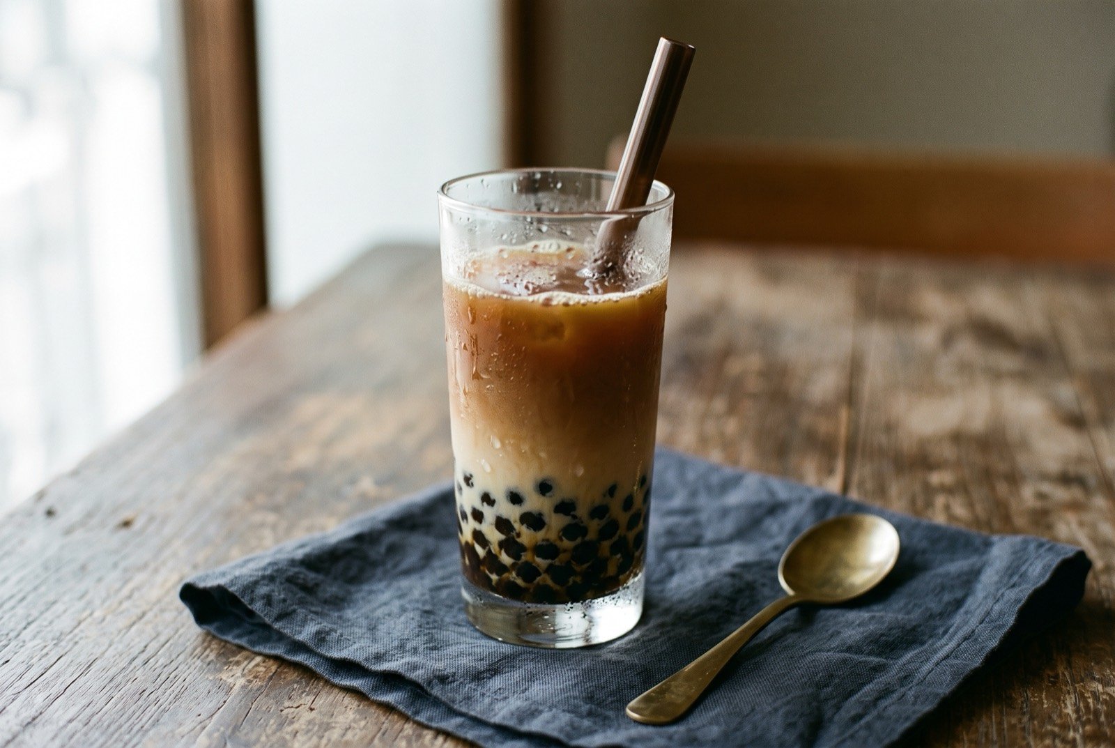 Zhenzhu naicha, bubble tea shaken with real dairy over tapioca pearls: a tall glass of milk tea, dark amber liquid over a pale milky layer, black tapioca pearls settled thickly at the bottom.