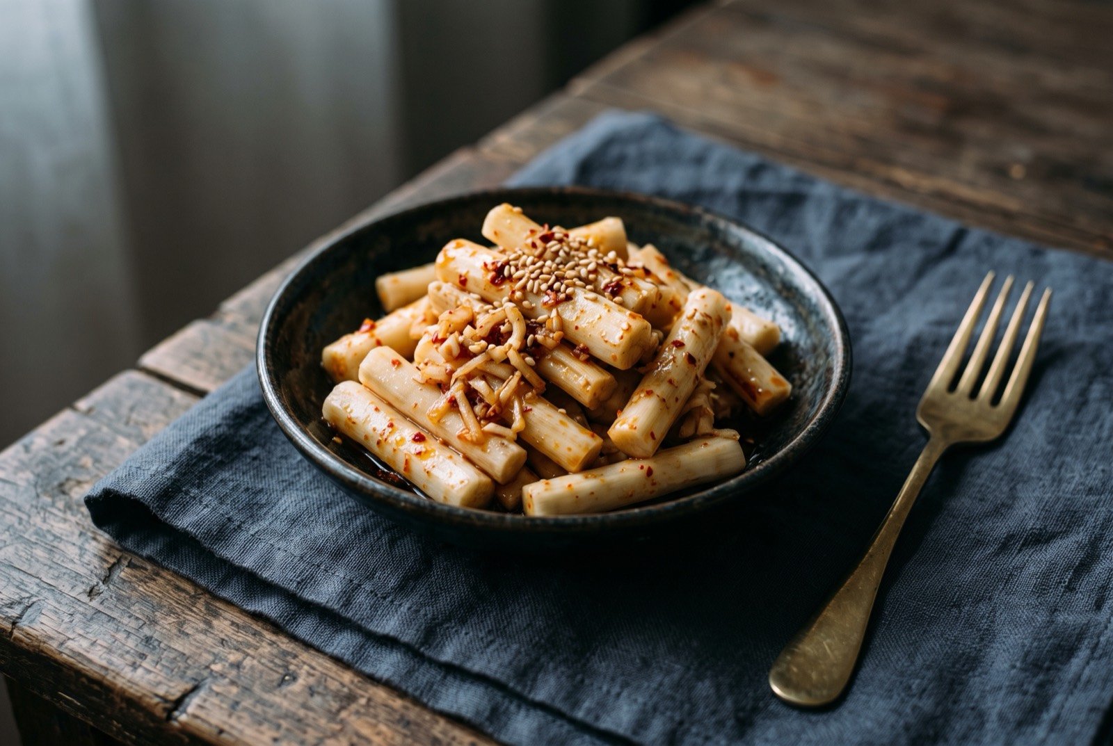 Zhergen liangban, cold-dressed fishwort root salad with chilli, garlic and vinegar: a small dark bowl of pale ivory root pieces cut into short lengths, glistening with a red-flecked dressing of chilli and vinegar.