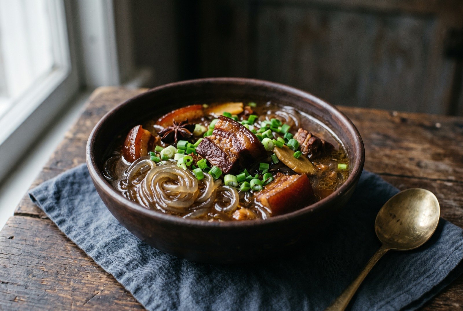 Zhu rou dun fentiao, pork belly stewed with sweet potato vermicelli: a deep dark bowl of rich brown braising liquid, cubes of skin on pork belly breaking the surface alongside translucent grey brown coiled vermicelli that has taken on the stew's colour.