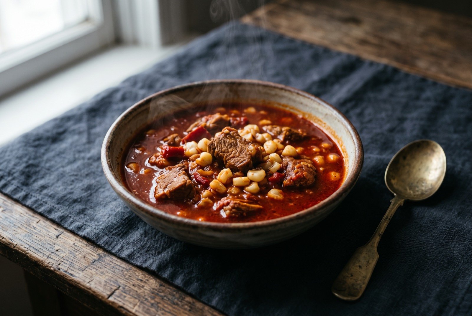 Zuni white corn and chile stew: a bowl of deep red chile stew with tender pieces of meat, white corn kernels visible throughout, steam rising.