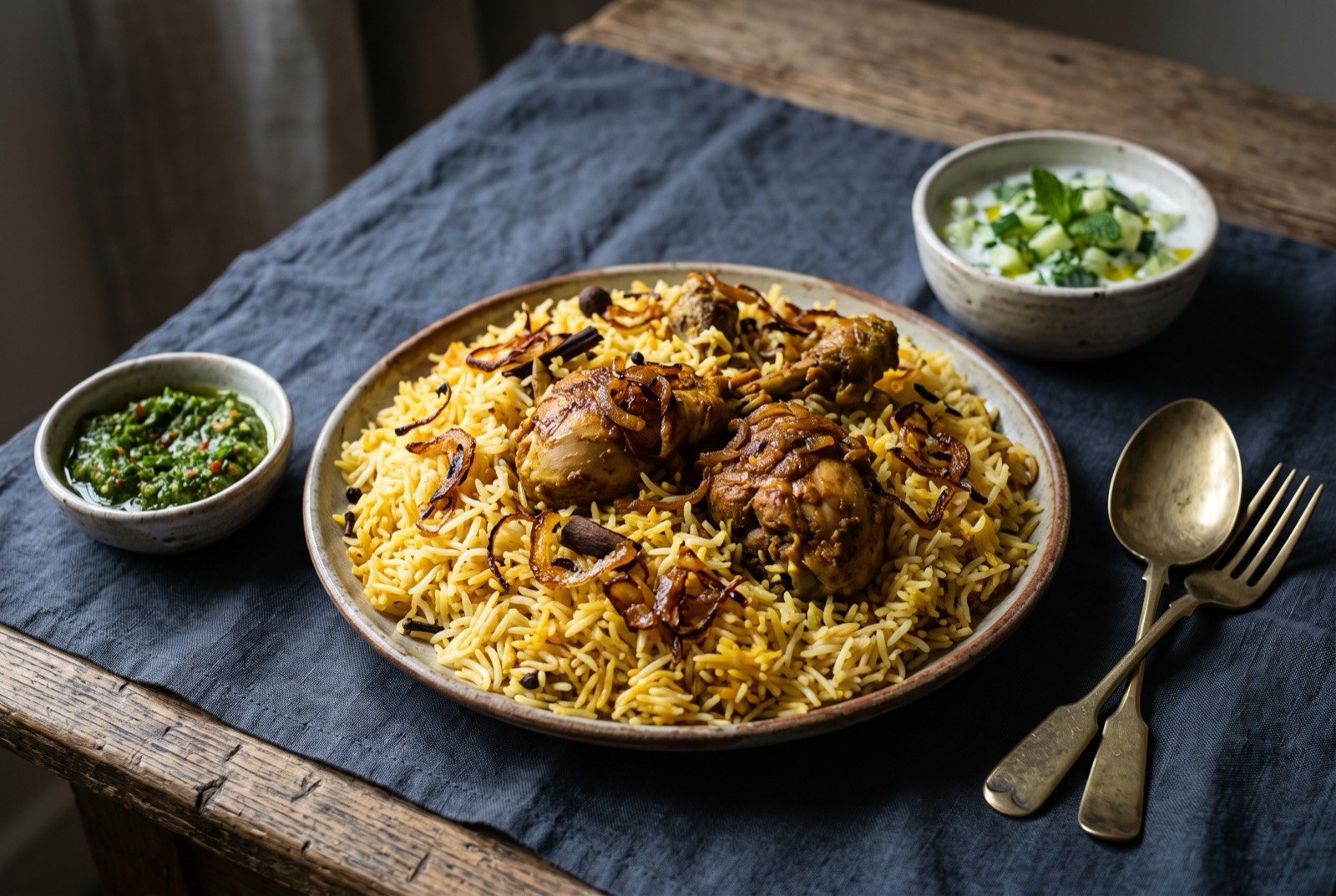 Zurbian, Aden's saffron rice layered with yoghurt-marinated meat: a platter of golden saffron-streaked rice studded with deep fried onion, pieces of braised chicken nestled among the grains.